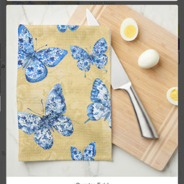 Vintage Chinoiserie Blaue Schmetterlinge verblasst Geschirrtuch