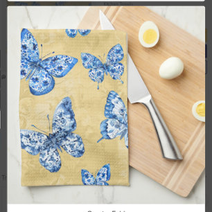 Vintage Chinoiserie Blaue Schmetterlinge verblasst Geschirrtuch
