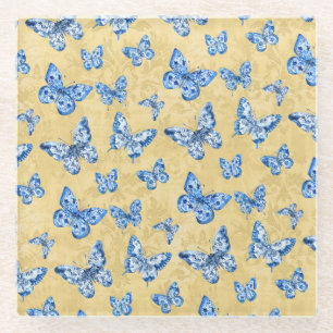 Vintage Chinoiserie Blaue Schmetterlinge verblasst Glasuntersetzer