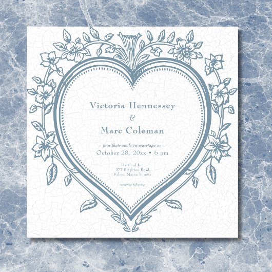 Vintage Chinoiserie Blaues Herz Hochzeit Einladung