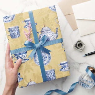 Vintage-Chinoiserie-Blue-White-Geschirr-Gold Geschenkpapier