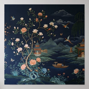 Vintage-Chinoiserie-Blumen- und Landschaftskunstpl Poster