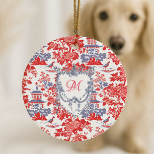 Vintage-Chinoiserie-Delfter-Französisch-rotes-Blau Keramik Ornament