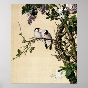 Vintage-Chinoiserie Flieder- und Vogelmotiv-Kunstp Poster
