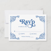 Vintage Chinoiserie Rahmen Dusty Blue Wedding RSVP Karte (Vorderseite)
