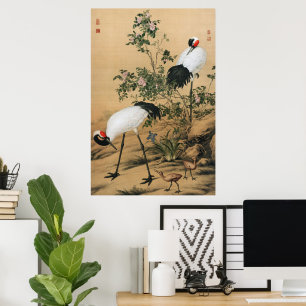 Vintage-Chinoiserie Rotkronenkraniche und Rosen Poster