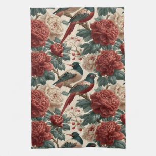 Vintage-Chinoiserie-Vögel und rote Pfingstrosenblü Geschirrtuch