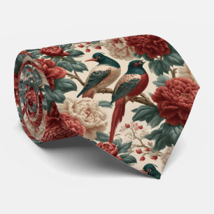 Vintage-Chinoiserie-Vögel und rote Pfingstrosenblü Krawatte