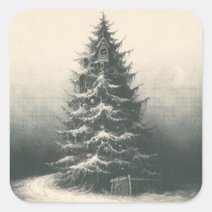 Vintage-Christbaum im Schnee Etching Intaglio Quadratischer Aufkleber