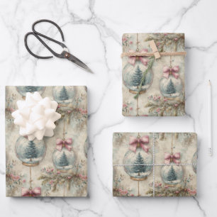 Vintage-Christbaum & Weihnachtskugel Wasserfarben Geschenkpapier Set