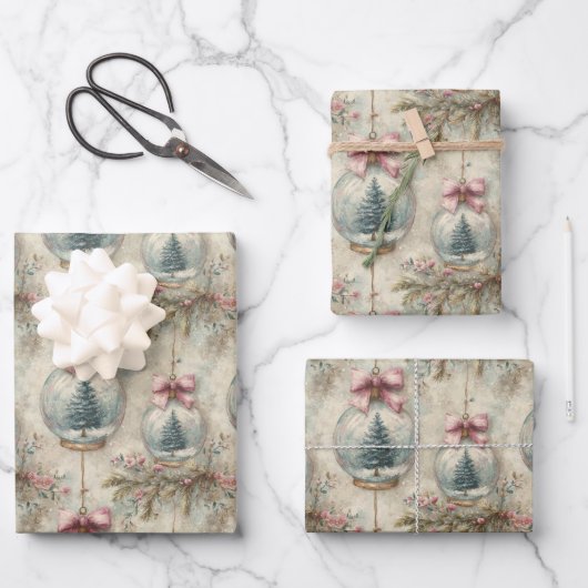 Vintage-Christbaum & Weihnachtskugel Wasserfarben  Geschenkpapier Set (Vorderseite)