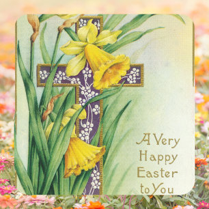 Vintage-Christliche Blumige Kreuz Jesus Frohe Oste Quadratischer Aufkleber