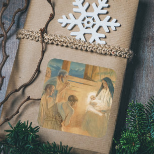 Vintage Christliche Weihnachtsbauern Quadratischer Aufkleber