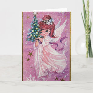 Vintage Christmas Angel Holding Tree Feiertagskarte