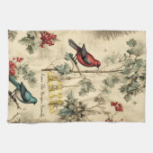 Vintage Christmas Birds Holly Berry Geschirrtuch (Horizontal)