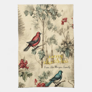 Vintage Christmas Birds Holly Berry Geschirrtuch