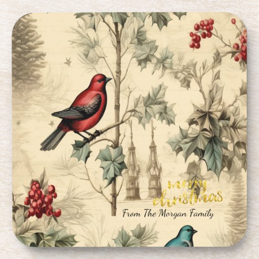 Vintage Christmas Birds Holly Berry Getränkeuntersetzer (Vorderseite)