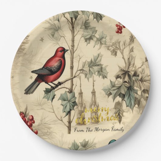 Vintage Christmas Birds Holly Berry Pappteller (Vorderseite)