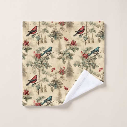 Vintage Christmas Blue Jay Red Mockingbird Badhandtuch Set (Waschlappen)