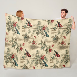 Vintage Christmas Blue Jay Red Mockingbird Fleecedecke