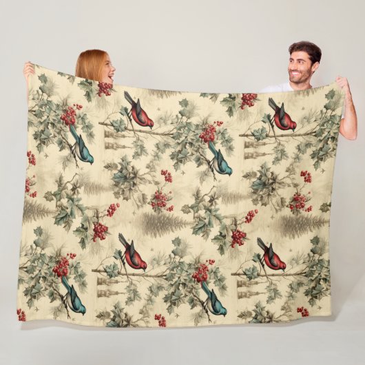 Vintage Christmas Blue Jay Red Mockingbird Fleecedecke (Beispiel)