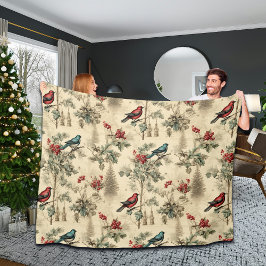 Vintage Christmas Blue Jay Red Mockingbird Fleecedecke
