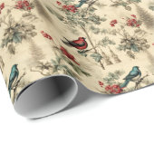 Vintage Christmas Blue Jay Red Mockingbird Geschenkpapier (Rolleneckpunkt)