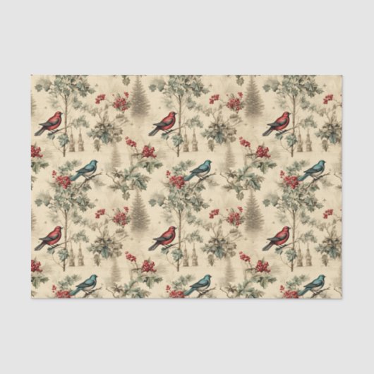 Vintage Christmas Blue Jay Red Mockingbird Seidenpapier (Vorderseite)
