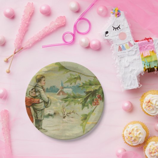 Vintage Christmas Bridge and Children Pappteller (Party)