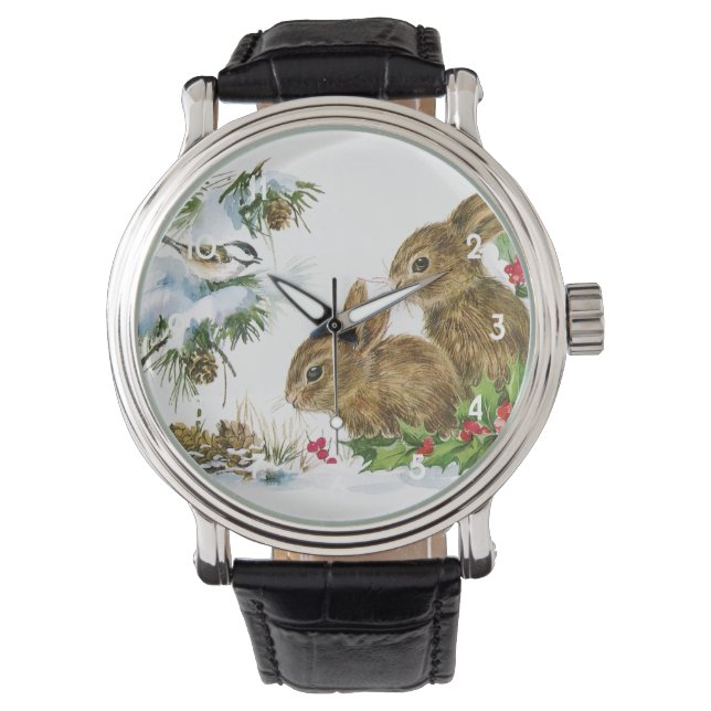 Vintage Christmas Bunnies Armbanduhr (Vorderseite)