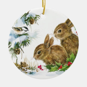 Vintage Christmas Bunnies Keramik Ornament