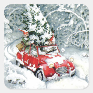 Vintage Christmas Car Quadratischer Aufkleber