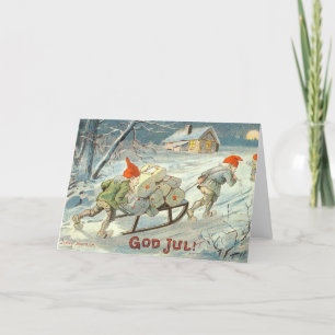 Vintage Christmas Card Gnomes Norwegen Glæig Jul Feiertagskarte