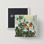 Vintage Christmas Card with Robins, Holly, Church Button (Vorne & Hinten)