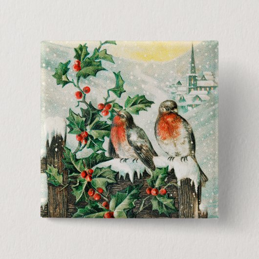 Vintage Christmas Card with Robins, Holly, Church Button (Vorderseite)