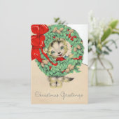 Vintage Christmas Cat Holdem Wreath Feiertagskarte (Stehend Vorderseite)