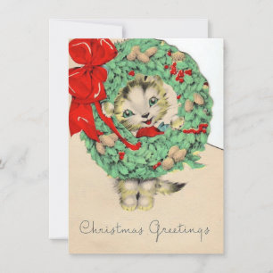 Vintage Christmas Cat Holdem Wreath Feiertagskarte