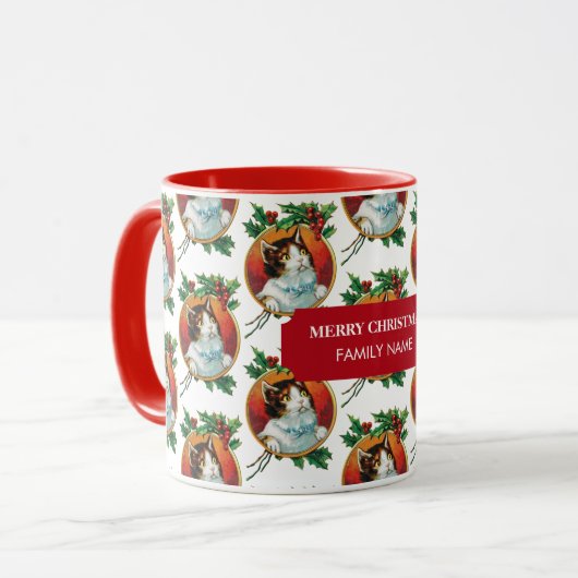 Vintage Christmas Cat Holiday Individuelle Name Tasse (Vorderseite Links)