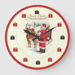 Vintage Christmas Clock - Santa Feeding Reindeer Große Wanduhr