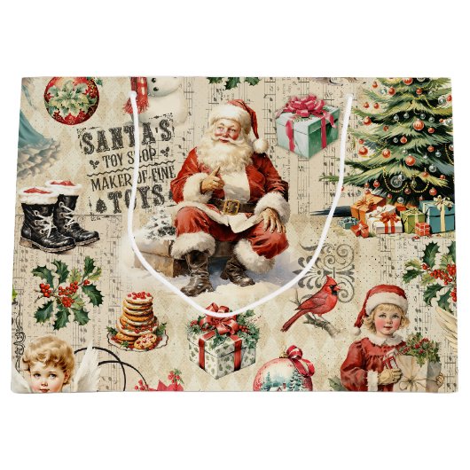 Vintage Christmas Collage Decoupage Große Geschenktüte (Vorderseite)
