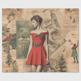  Vintage Christmas Collage Lady in Red Gift Wrap Geschenkpapier