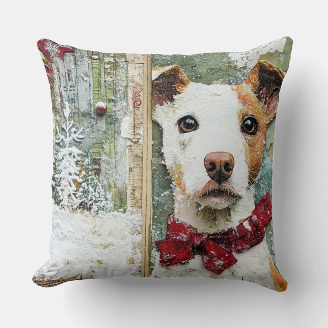Vintage Christmas Dog Pillow - Rustic Holiday Kissen (Vorderseite)
