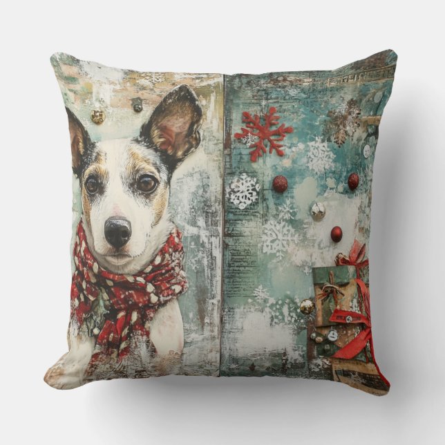 Vintage Christmas Dog Pillow - Rustic Holiday Kissen (Vorderseite)