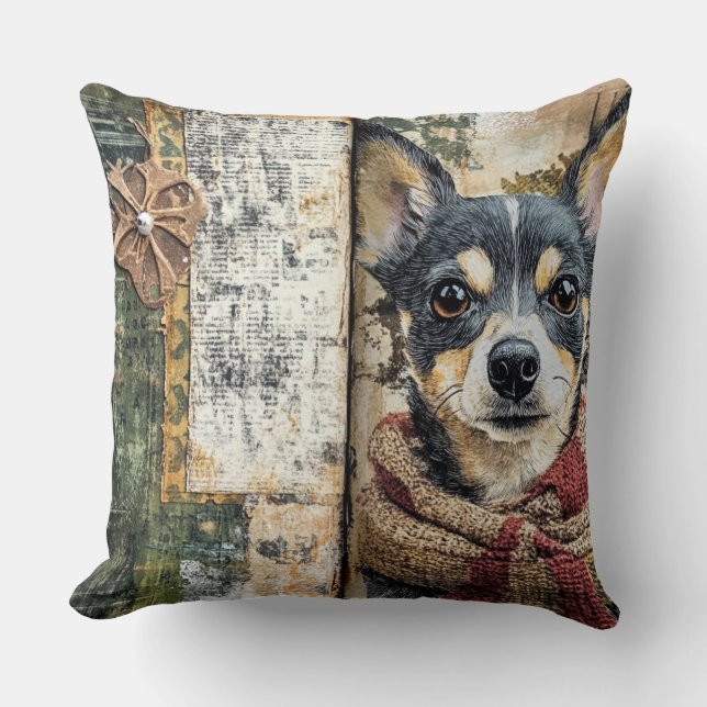 Vintage Christmas Dog Pillow - Rustic Holiday Kissen (Vorderseite)