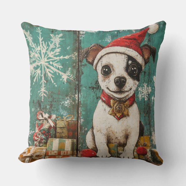 Vintage Christmas Dog Pillow - Rustic Holiday Kissen (Vorderseite)
