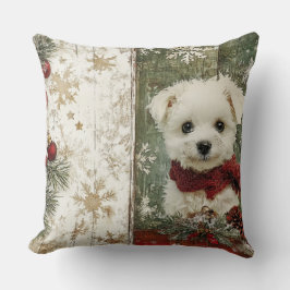 Vintage Christmas Dog Pillow - Rustic Holiday Kissen
