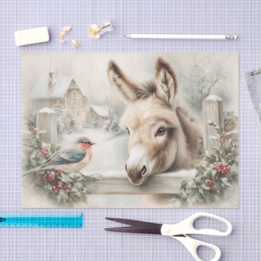Vintage Christmas Donkey And Robin Decoupage Seidenpapier (Handwerk)