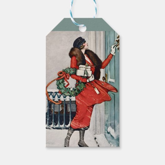 Vintage Christmas Doorstep Illustration Geschenkanhänger (Vorderseite)