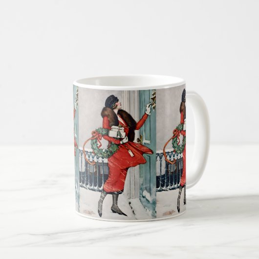 Vintage Christmas Doorstep Illustration Kaffeetasse (VorderseiteRechts)