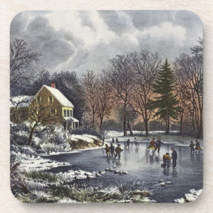 Vintage Christmas, Early Winter Skaters on Pond Untersetzer